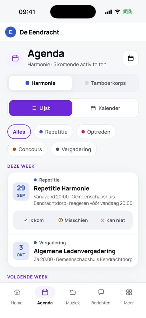 De agenda in de leden-app met een filter per soort activiteit