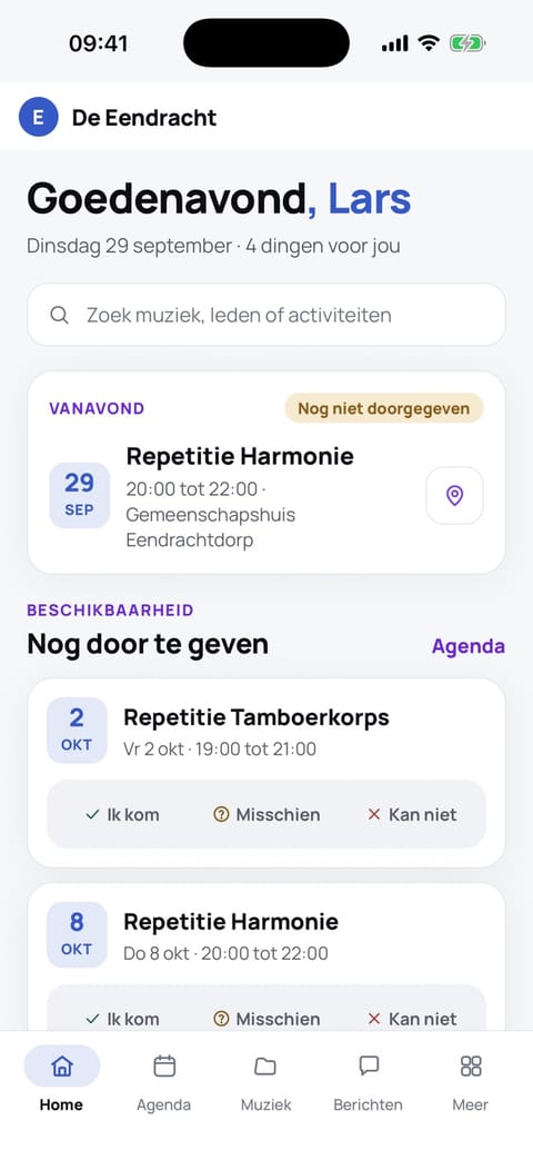 Het beginscherm van de leden-app met de activiteiten van deze week